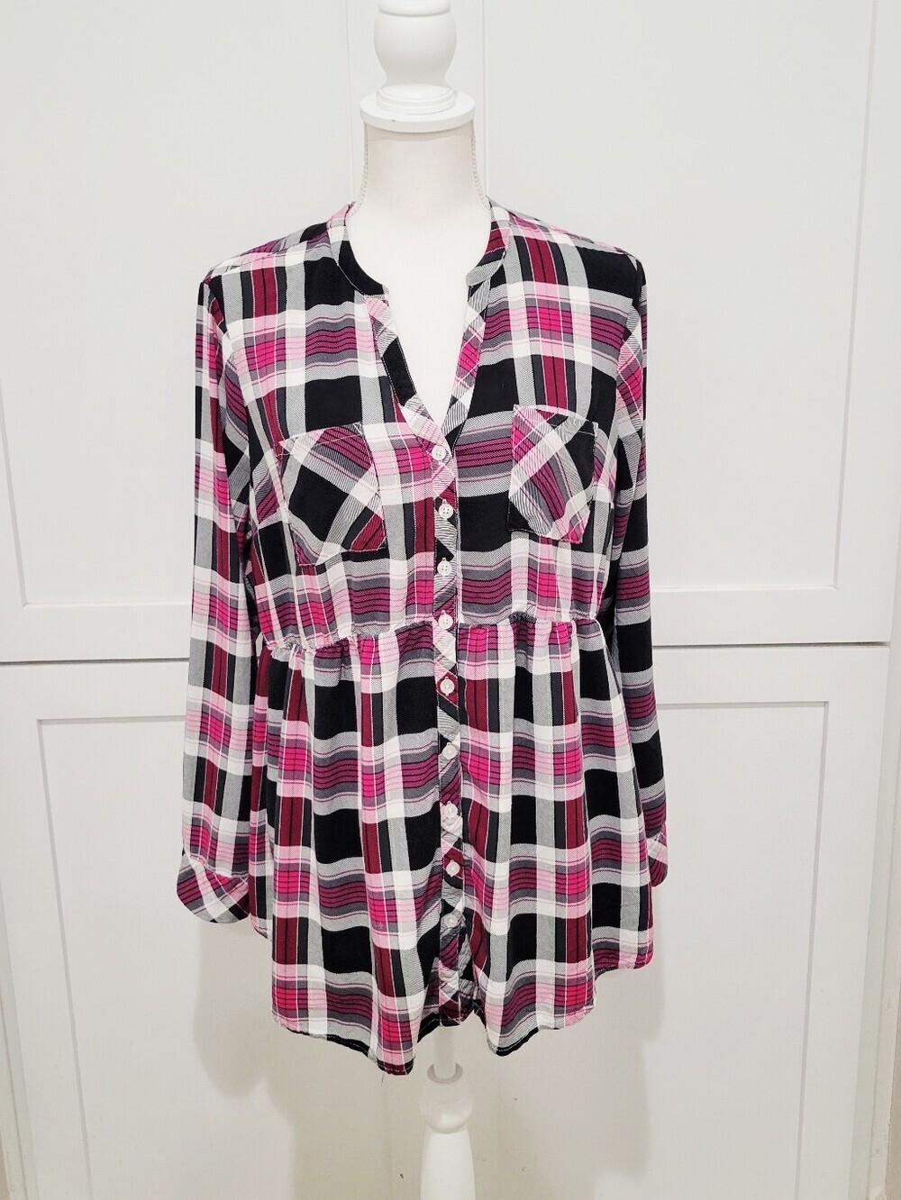 Torrid Pink & Black Plaid Button-Front Long Sleeve Babydoll Top | Size 14/16